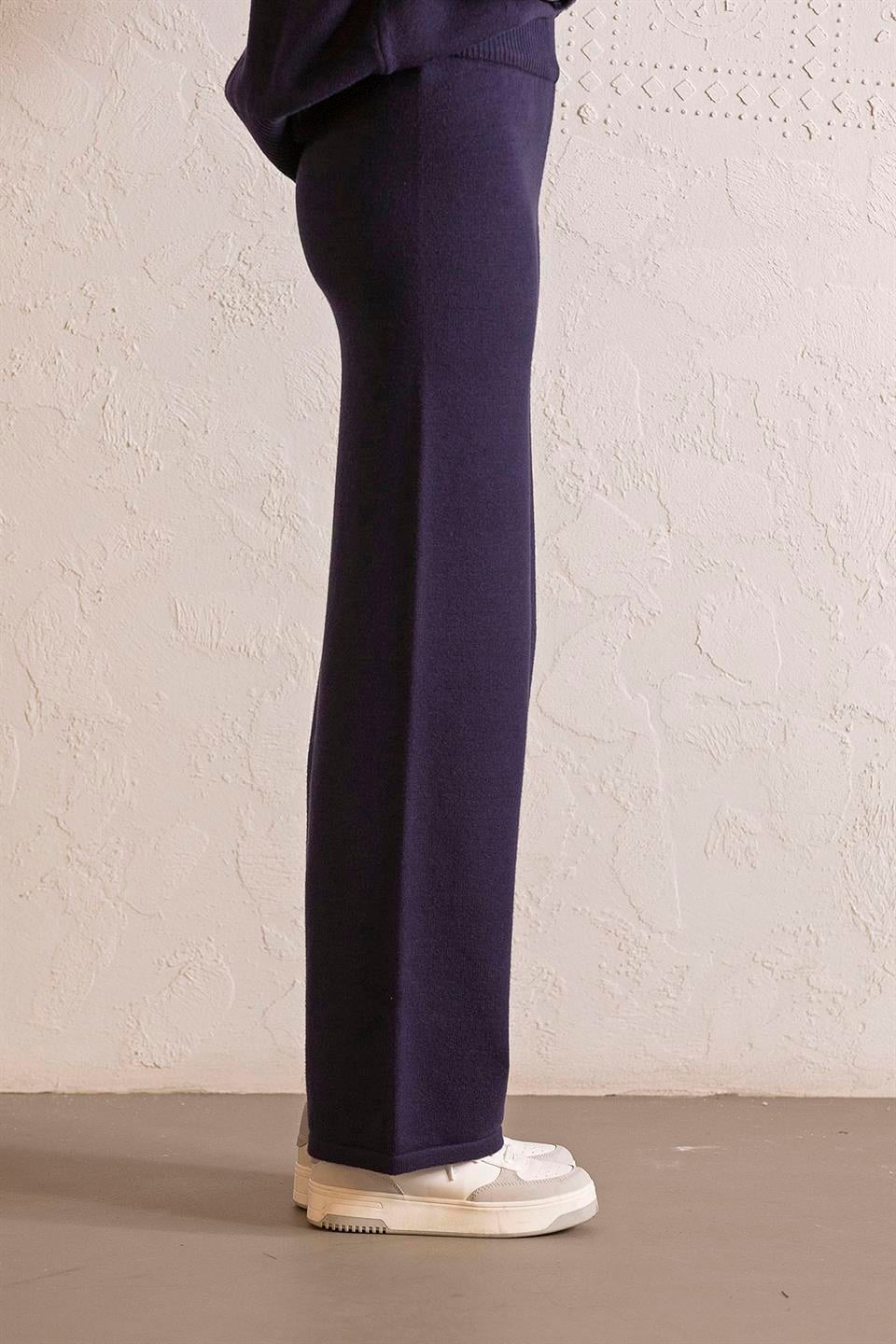 Beli Lastikli Wide Leg Triko Kadın Pantolon