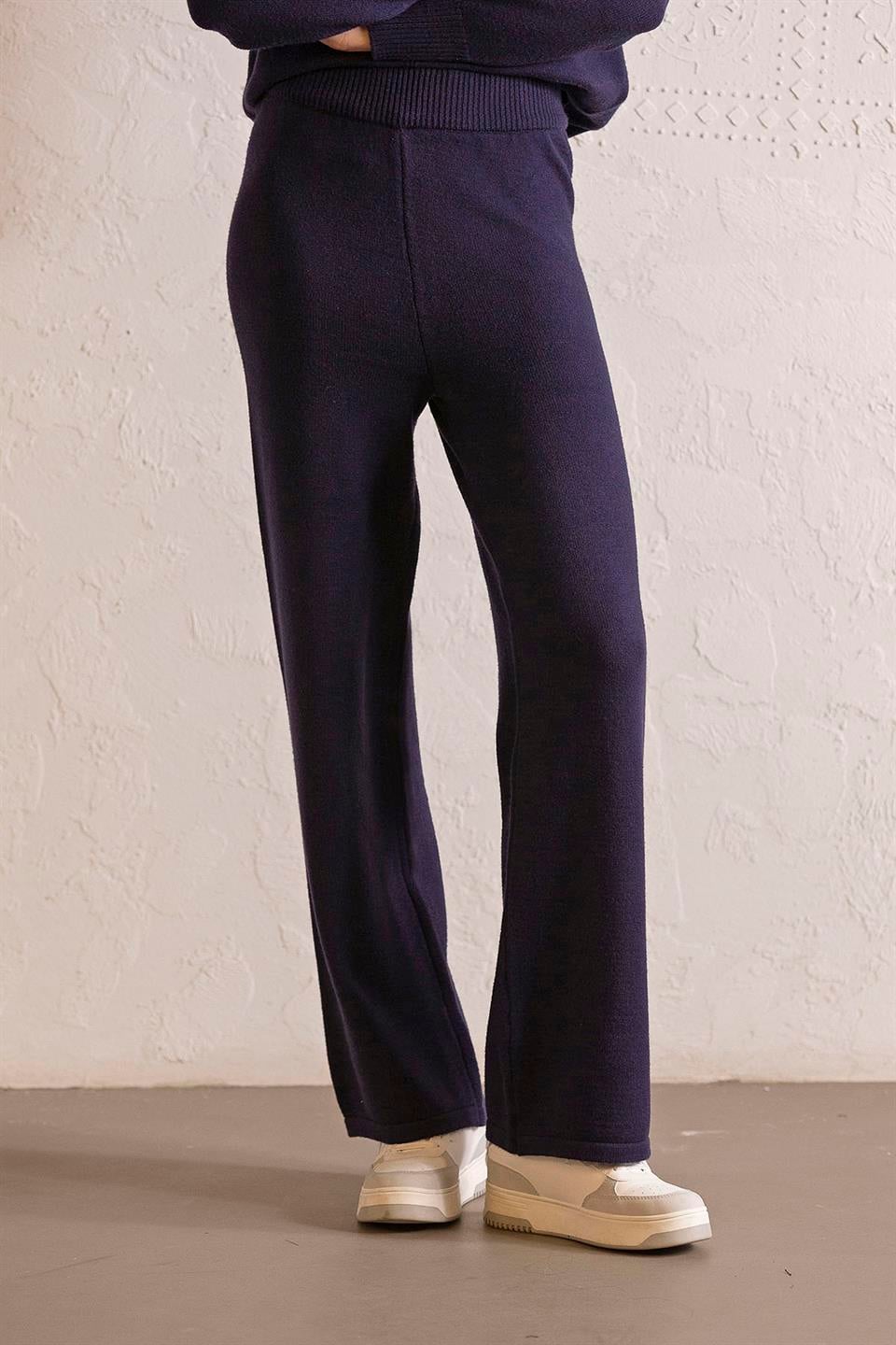 Beli Lastikli Wide Leg Triko Kadın Pantolon