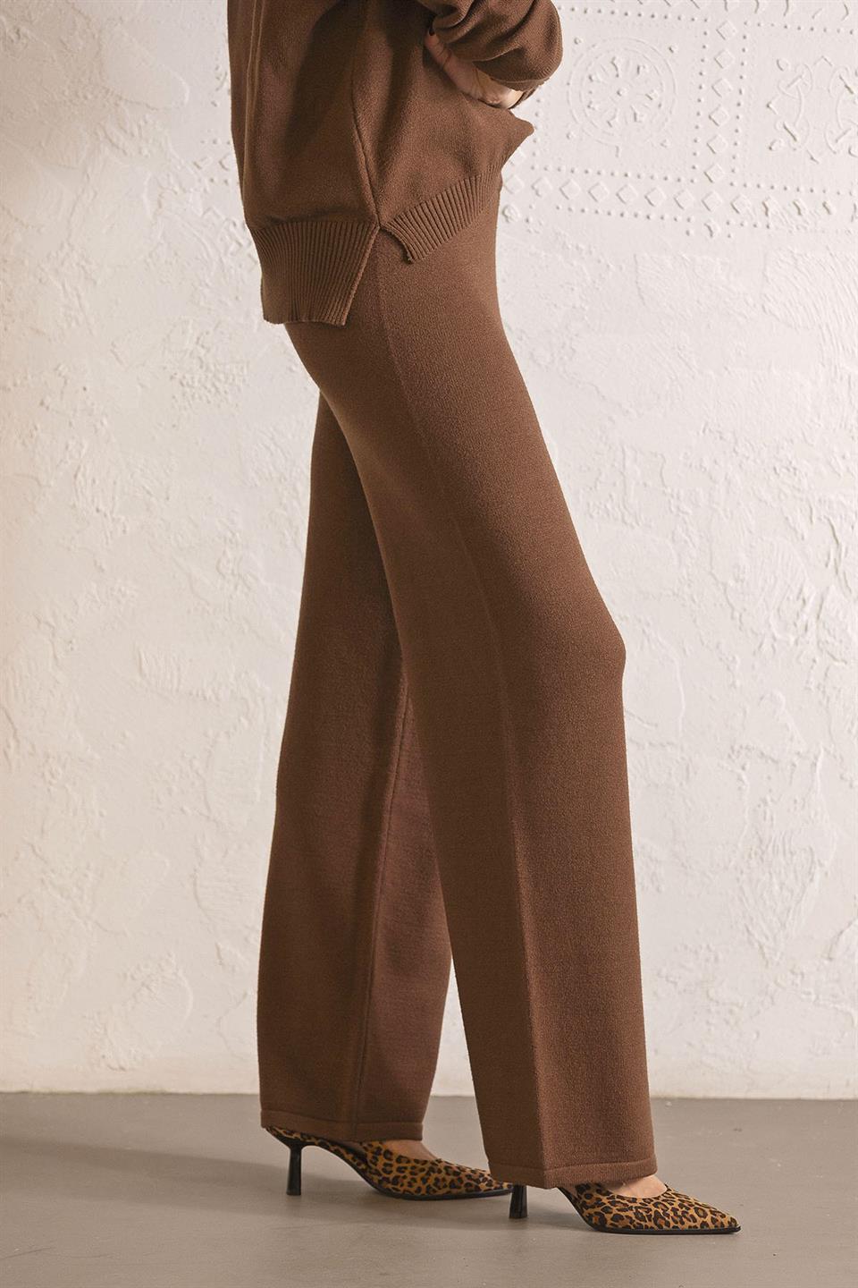 Beli Lastikli Wide Leg Triko Kadın Pantolon