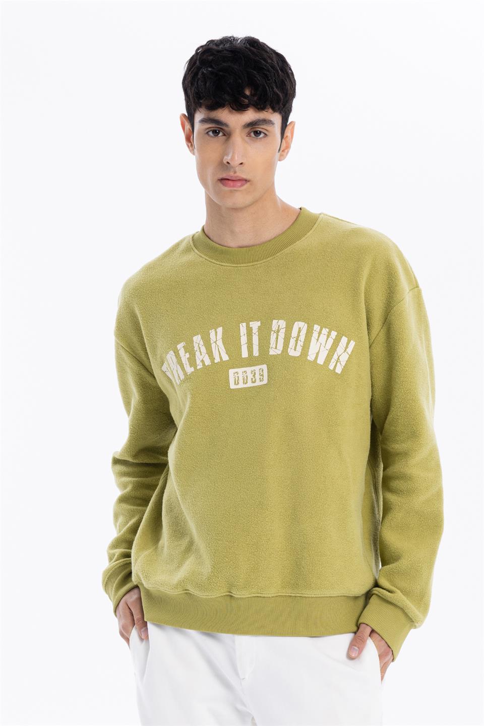 Bisiklet Yaka Baskılı %100 Pamuk Polar Erkek Sweatshirt