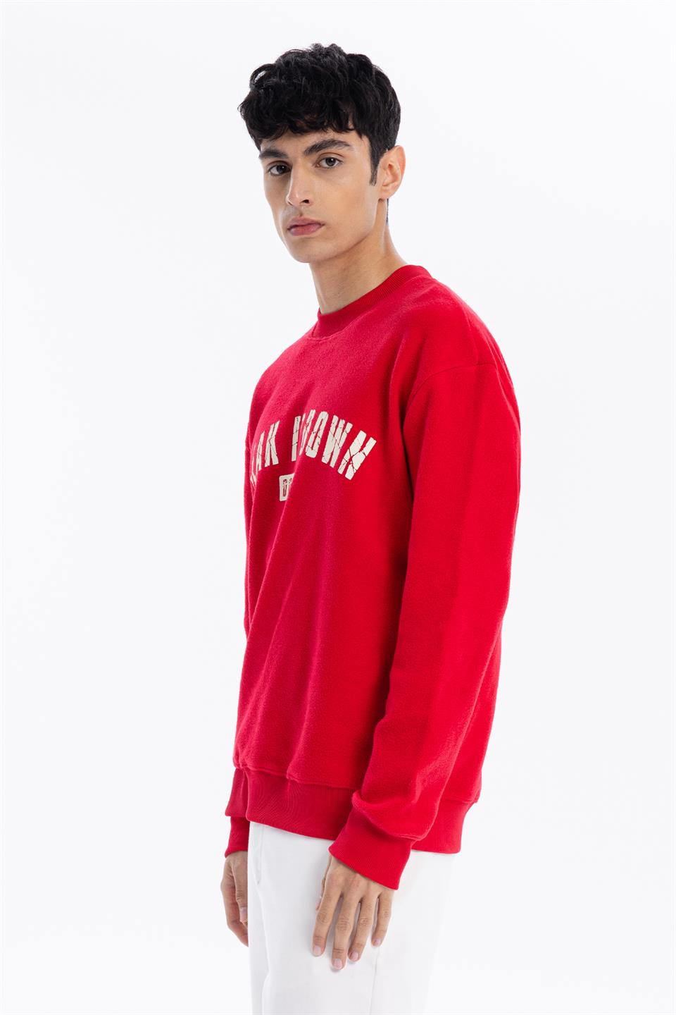 Bisiklet Yaka Baskılı %100 Pamuk Polar Erkek Sweatshirt