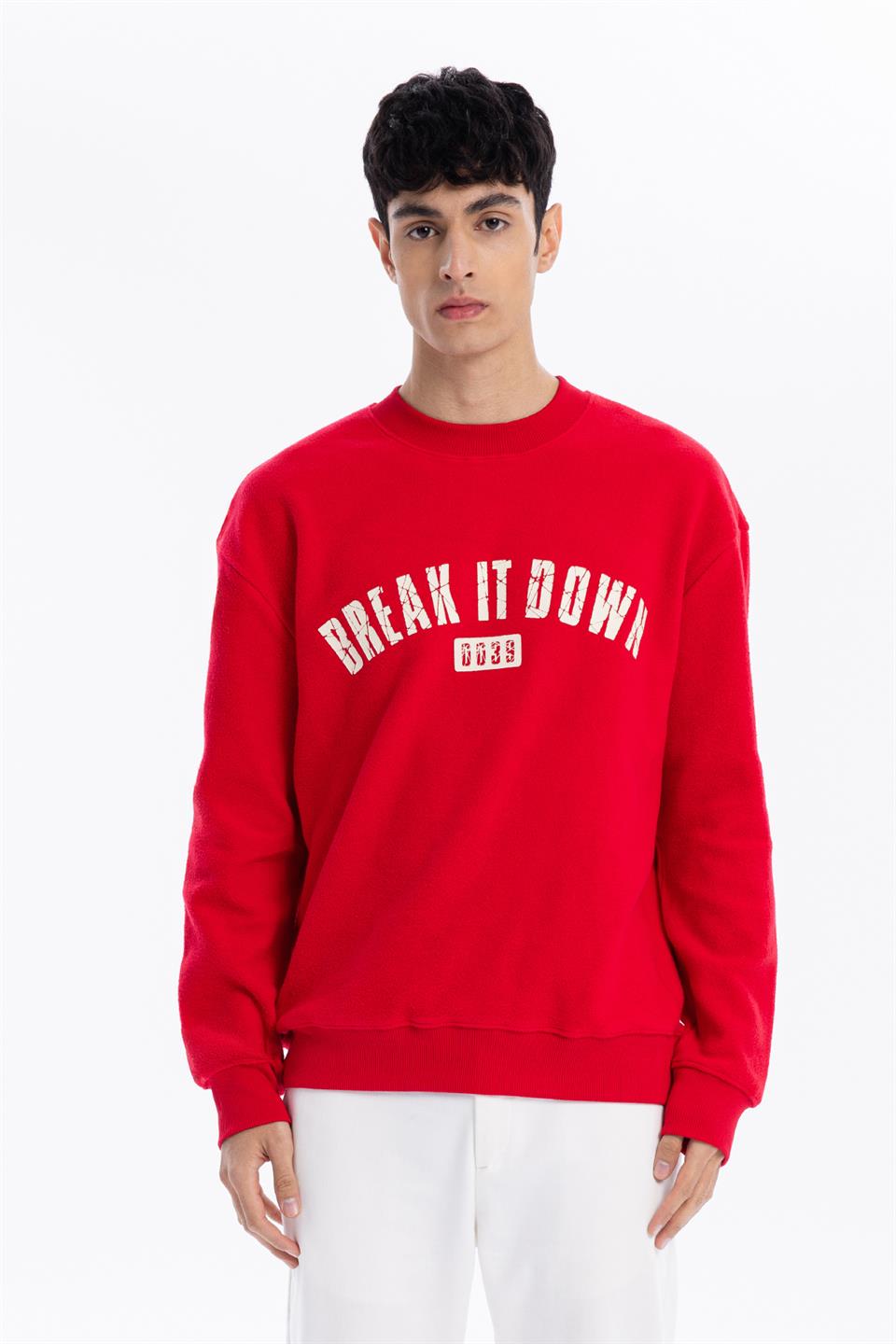 Bisiklet Yaka Baskılı %100 Pamuk Polar Erkek Sweatshirt