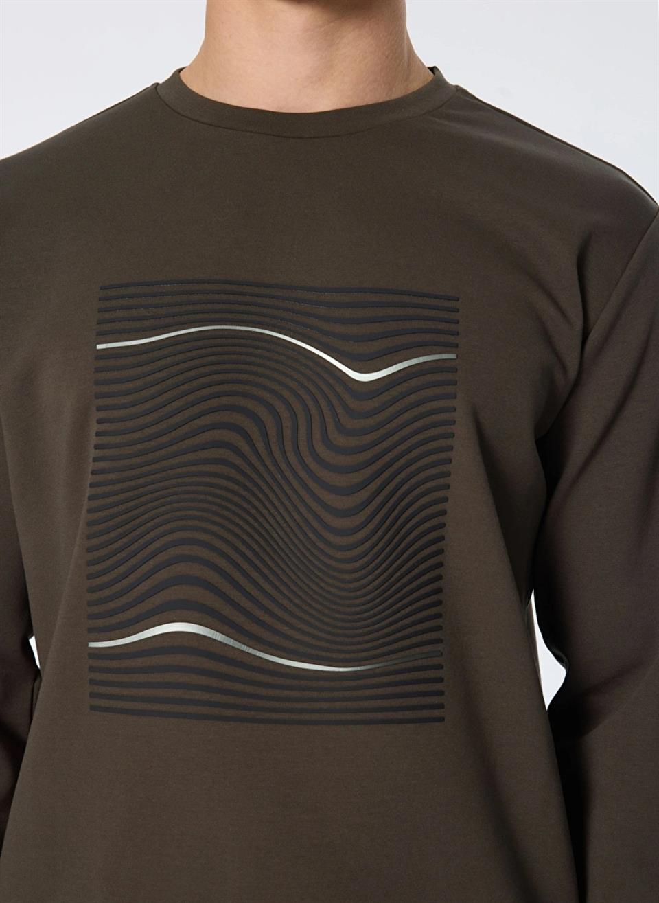 Bisiklet Yaka Dalga Baskılı Erkek Sweatshirt