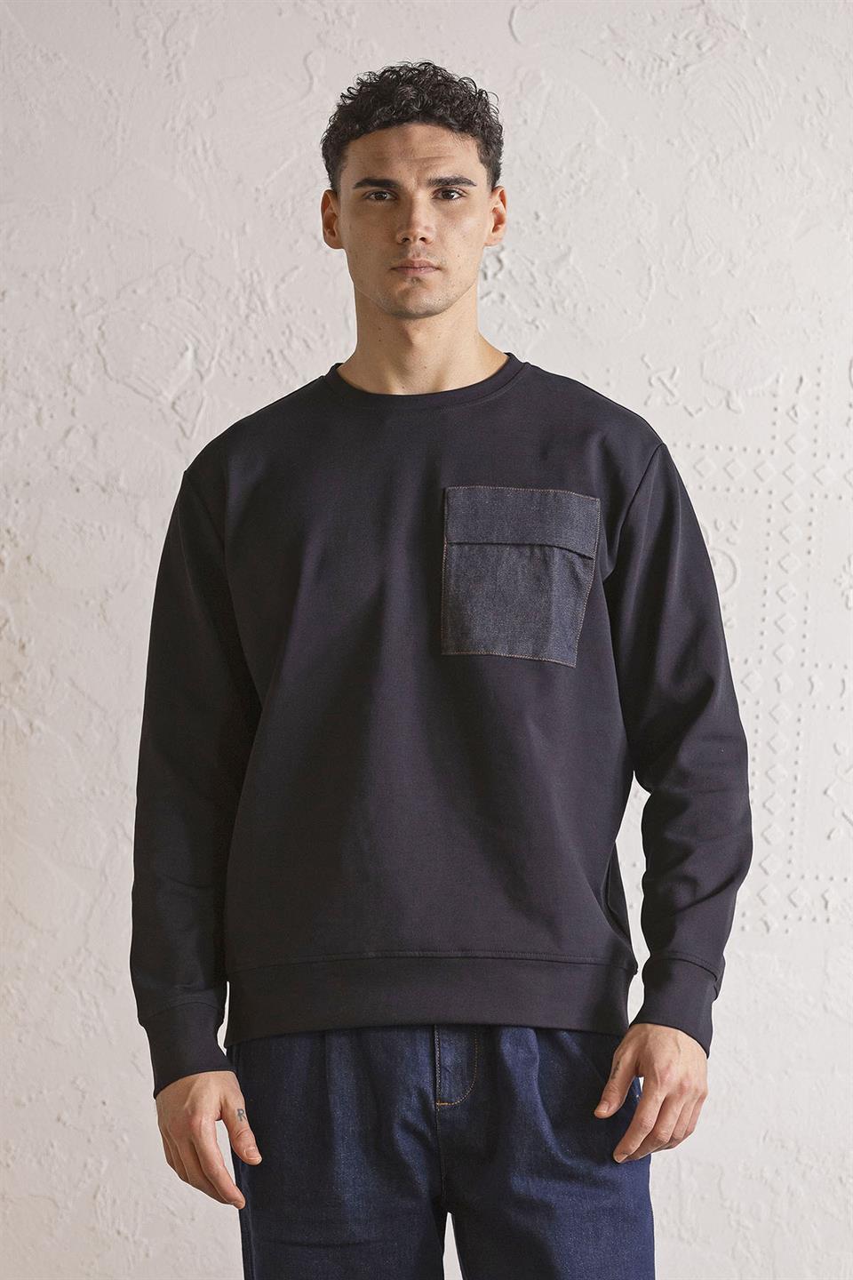 Bisiklet Yaka Denim Cepli Erkek Sweatshirt