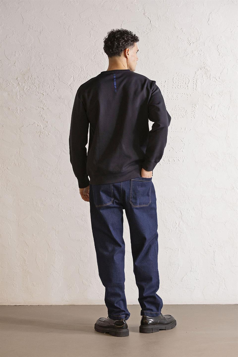 Bisiklet Yaka Denim Cepli Erkek Sweatshirt