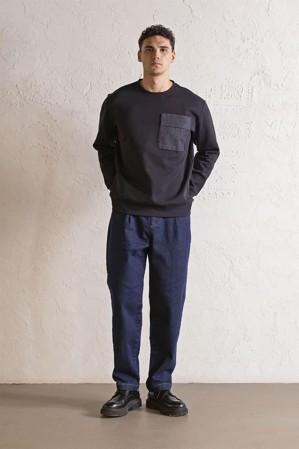 Bisiklet Yaka Denim Cepli Erkek Sweatshirt