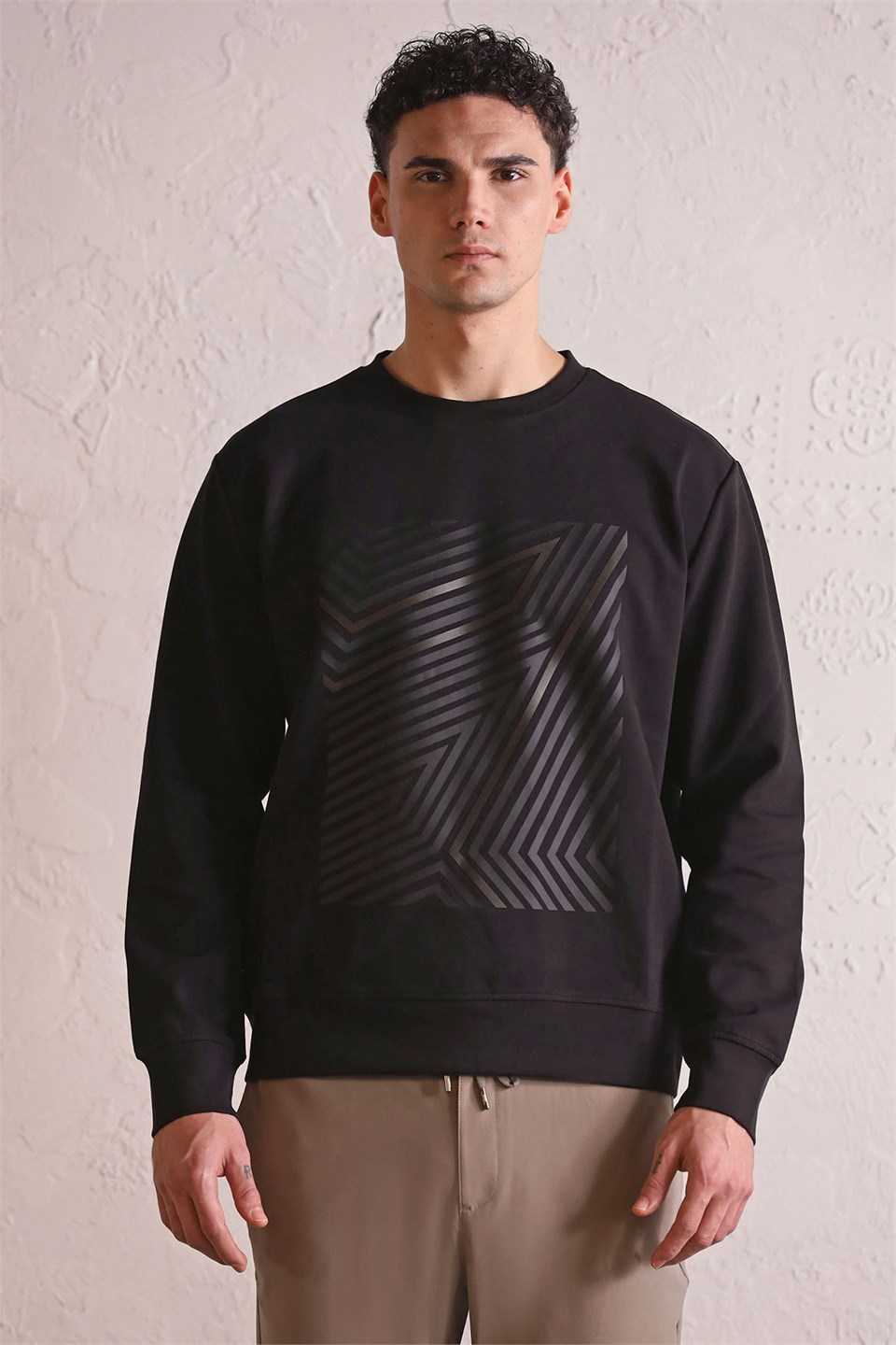 Bisiklet Yaka Geometrik Baskılı Erkek Sweatshirt