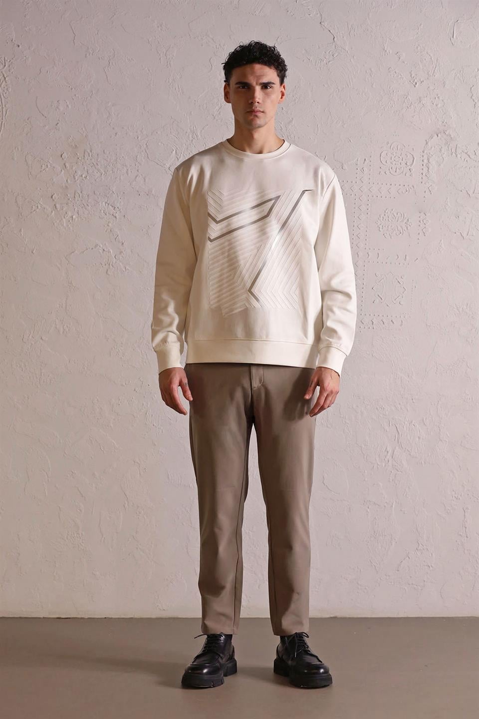 Bisiklet Yaka Geometrik Baskılı Erkek Sweatshirt