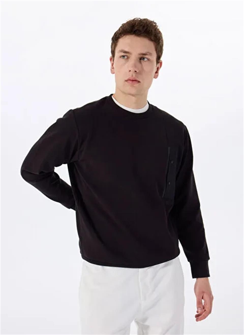 Bisiklet Yaka Göğsü Çıtçıt Cepli Slim Fit Erkek Sweatshirt