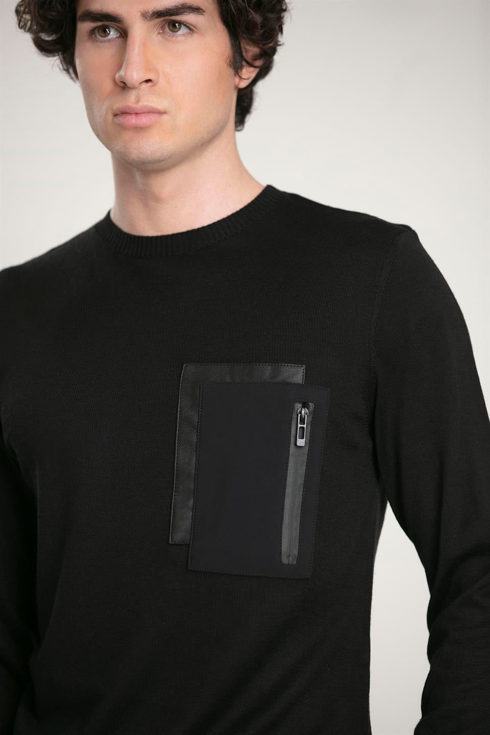 Bisiklet Yaka Göğüs Fermuar Deri Cep Detaylı Slim Fit Erkek Kazak