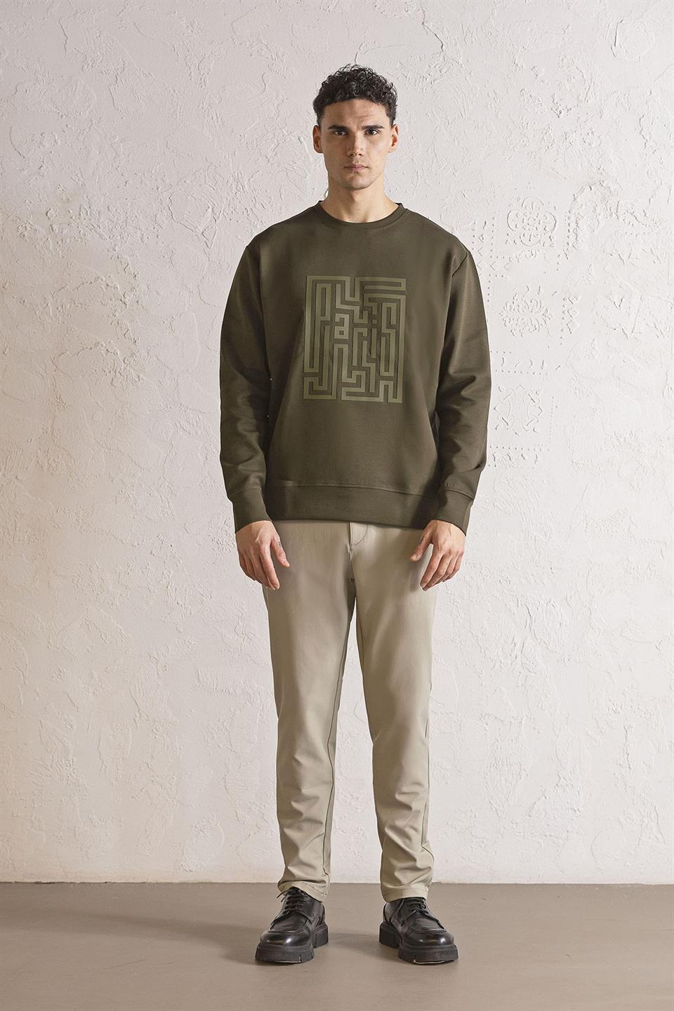 Bisiklet Yaka Kabartma Baskılı Erkek Sweatshirt