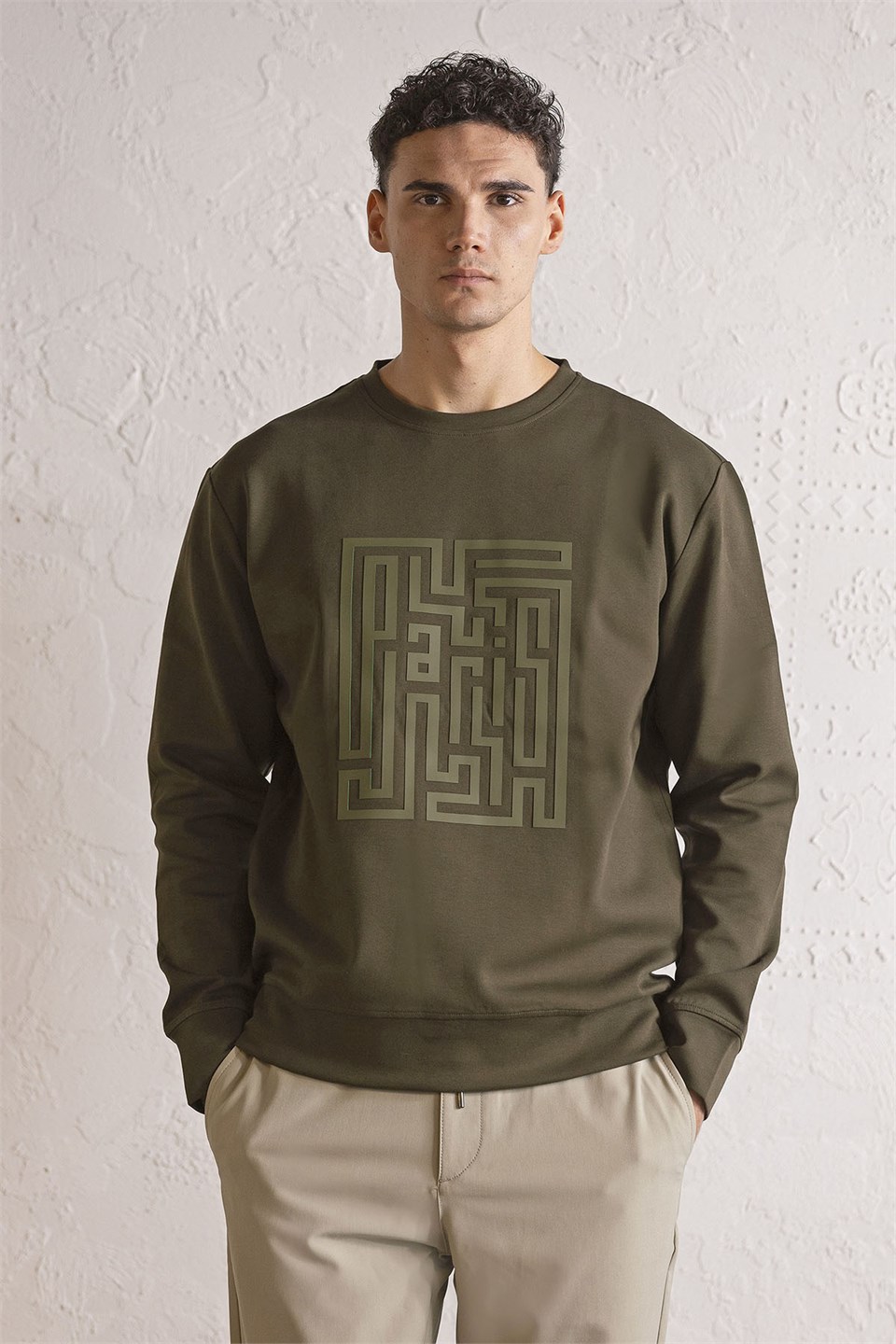 Bisiklet Yaka Kabartma Baskılı Erkek Sweatshirt