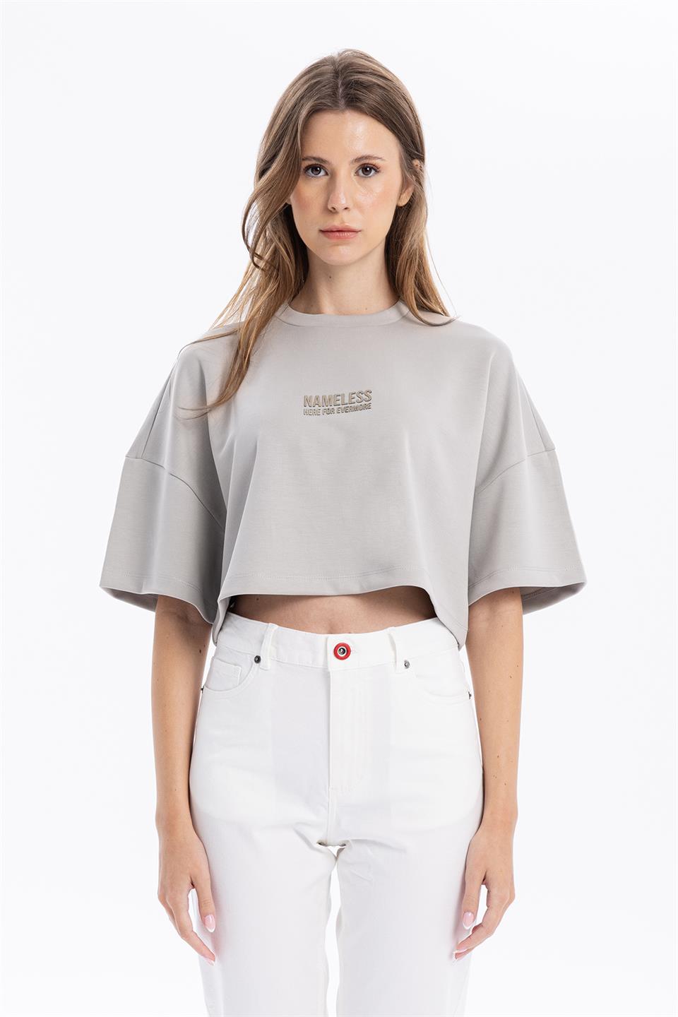 Bisiklet Yaka Ön Flexi Baskılı Kadın Crop
