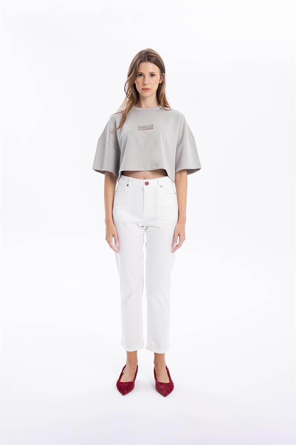 Bisiklet Yaka Ön Flexi Baskılı Kadın Crop