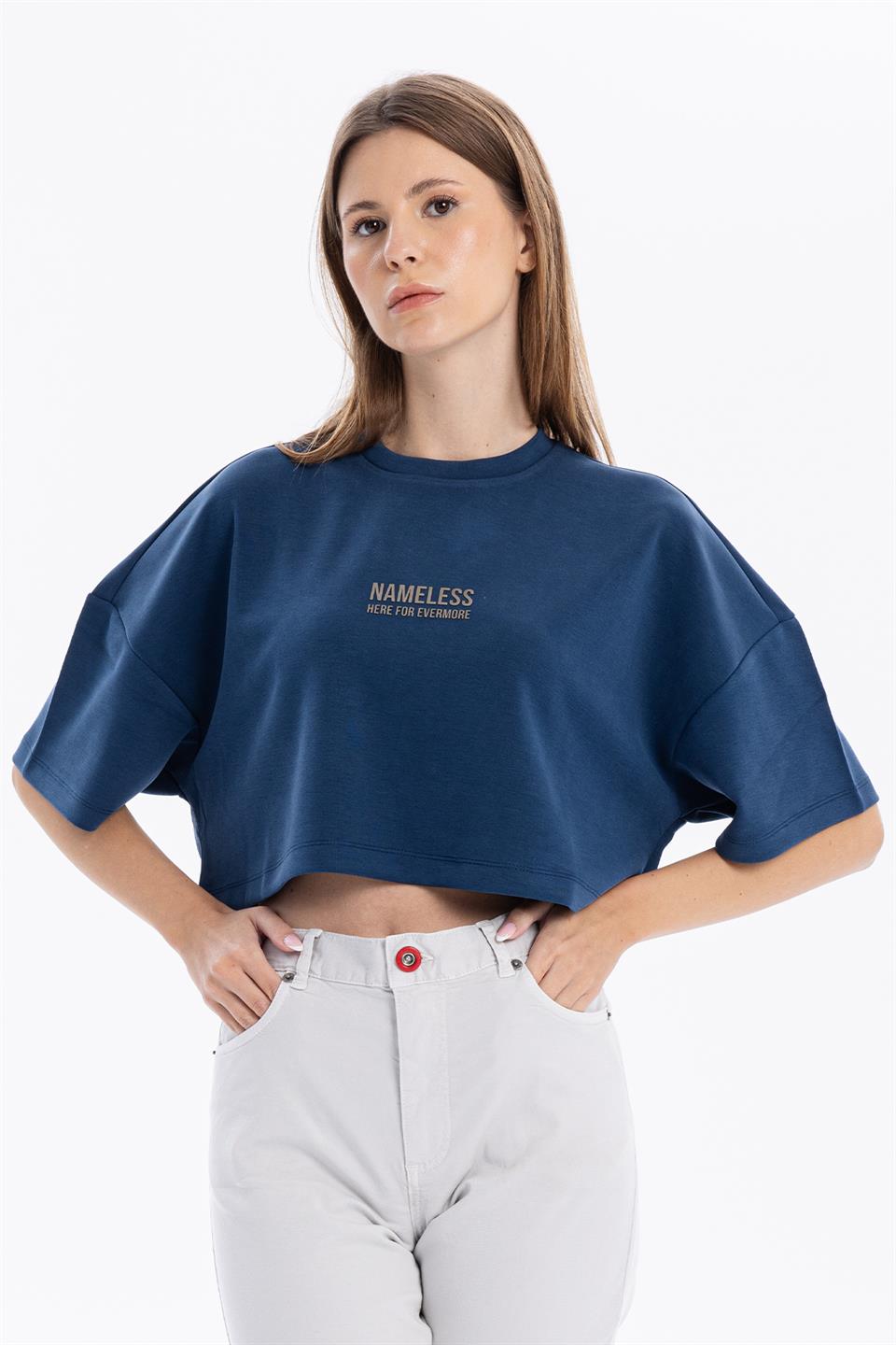 Bisiklet Yaka Ön Flexi Baskılı Kadın Crop