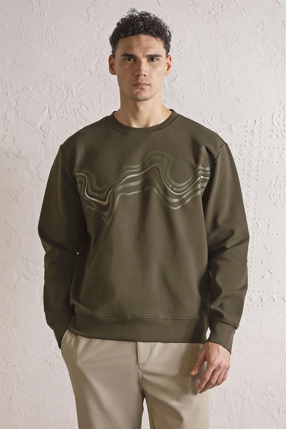 Bisiklet Yaka Önü Dalga Baskılı Erkek Sweatshirt