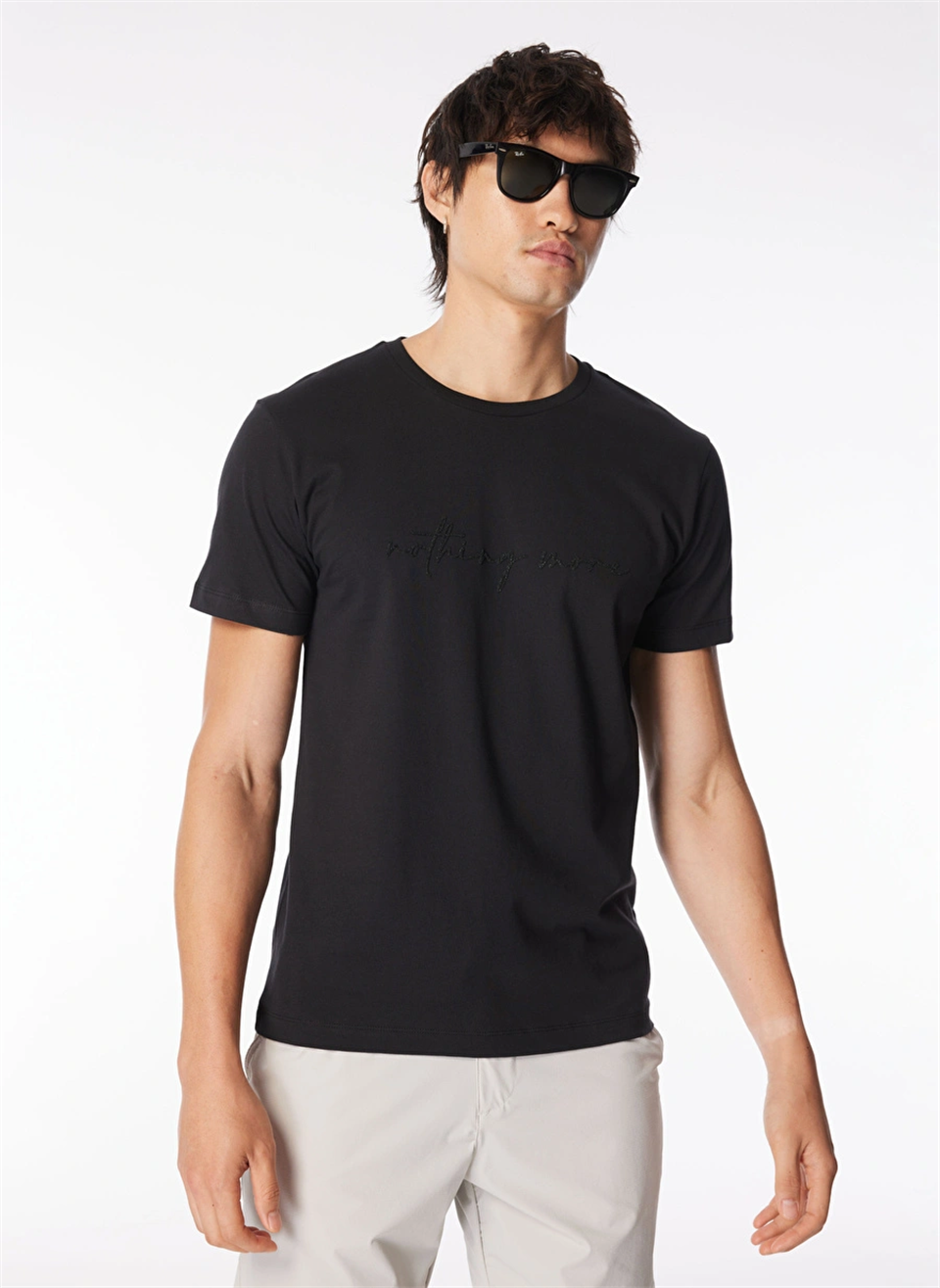 Bisiklet Yaka Önü Taşlı Yazılı %100 Pamuk Slim Fit Erkek T-shirt