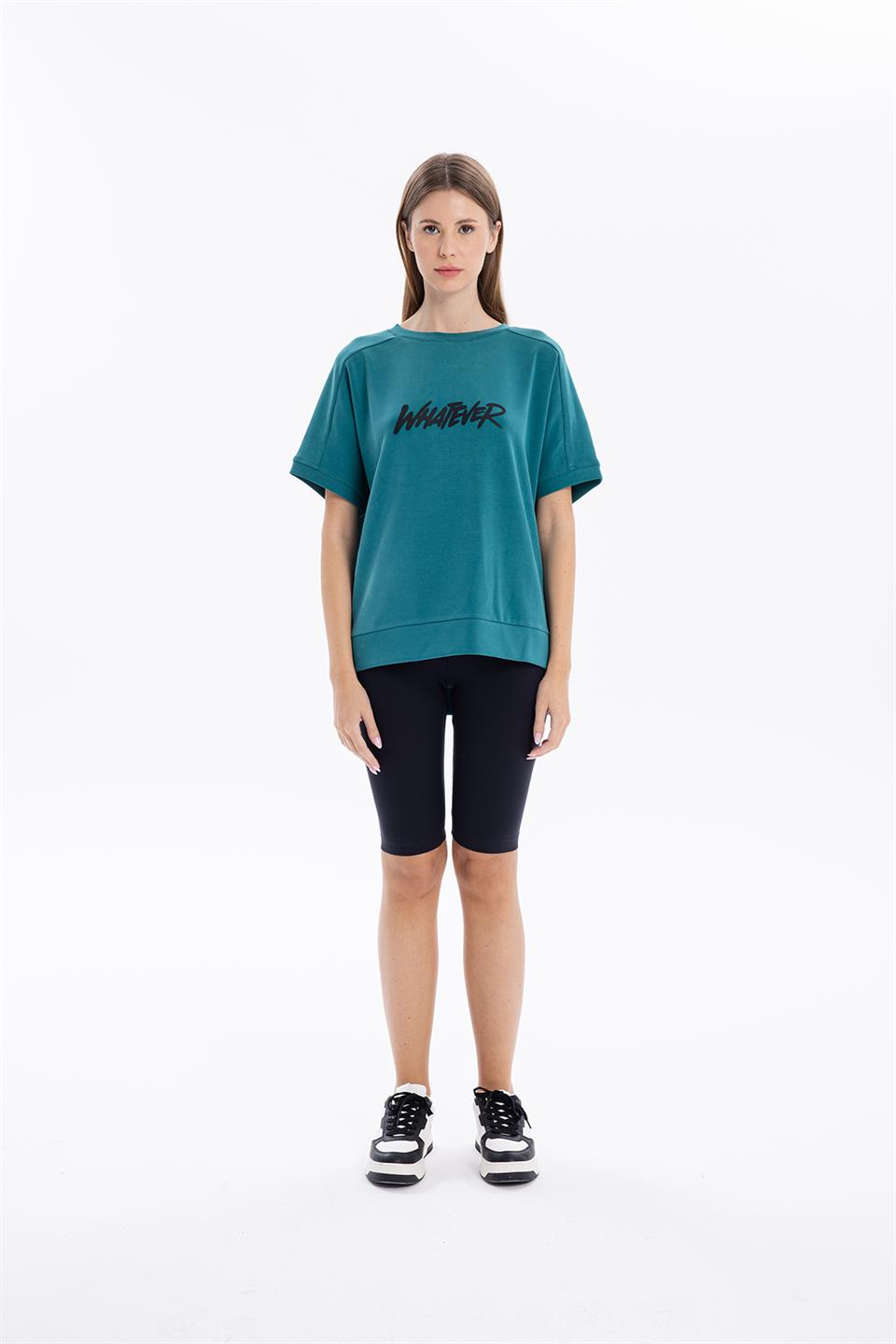 Bisiklet Yaka Rubber Baskılı Kısa Kol Kadın T-shirt