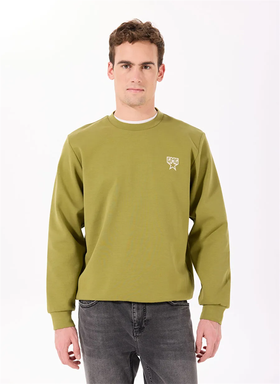 Bisiklet Yaka Sırtı Flok Göğsü Yıldız Baskılı Erkek Sweatshirt