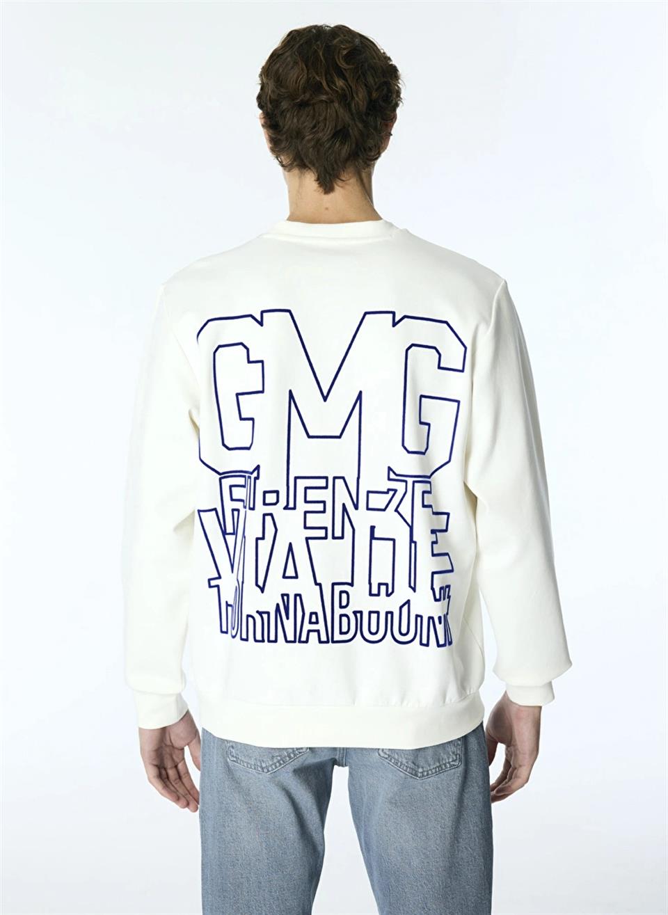 Bisiklet Yaka Sırtı Flok Göğsü Yıldız Baskılı Erkek Sweatshirt