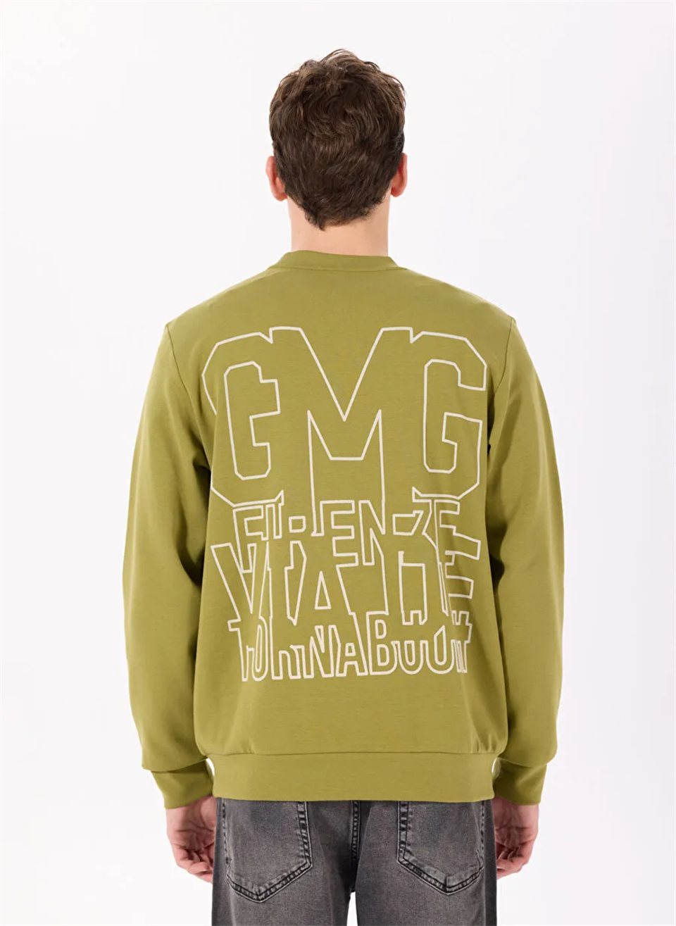 Bisiklet Yaka Sırtı Flok Göğsü Yıldız Baskılı Erkek Sweatshirt