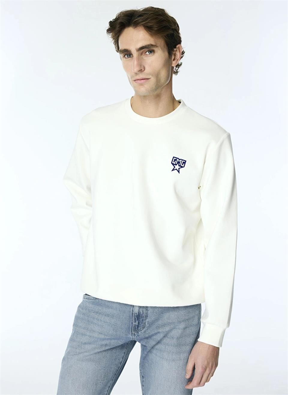 Bisiklet Yaka Sırtı Flok Göğsü Yıldız Baskılı Erkek Sweatshirt