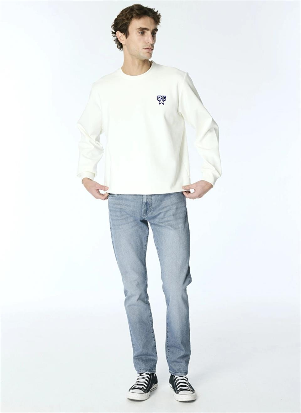 Bisiklet Yaka Sırtı Flok Göğsü Yıldız Baskılı Erkek Sweatshirt