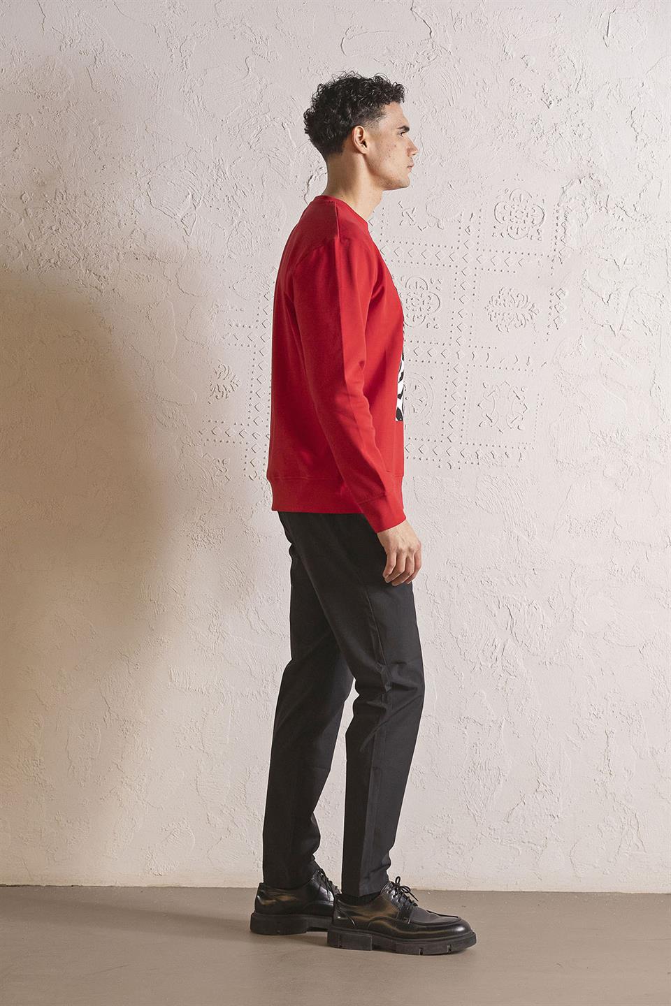 Bisiklet Yaka Siyah-Beyaz Baskılı Erkek Sweatshirt
