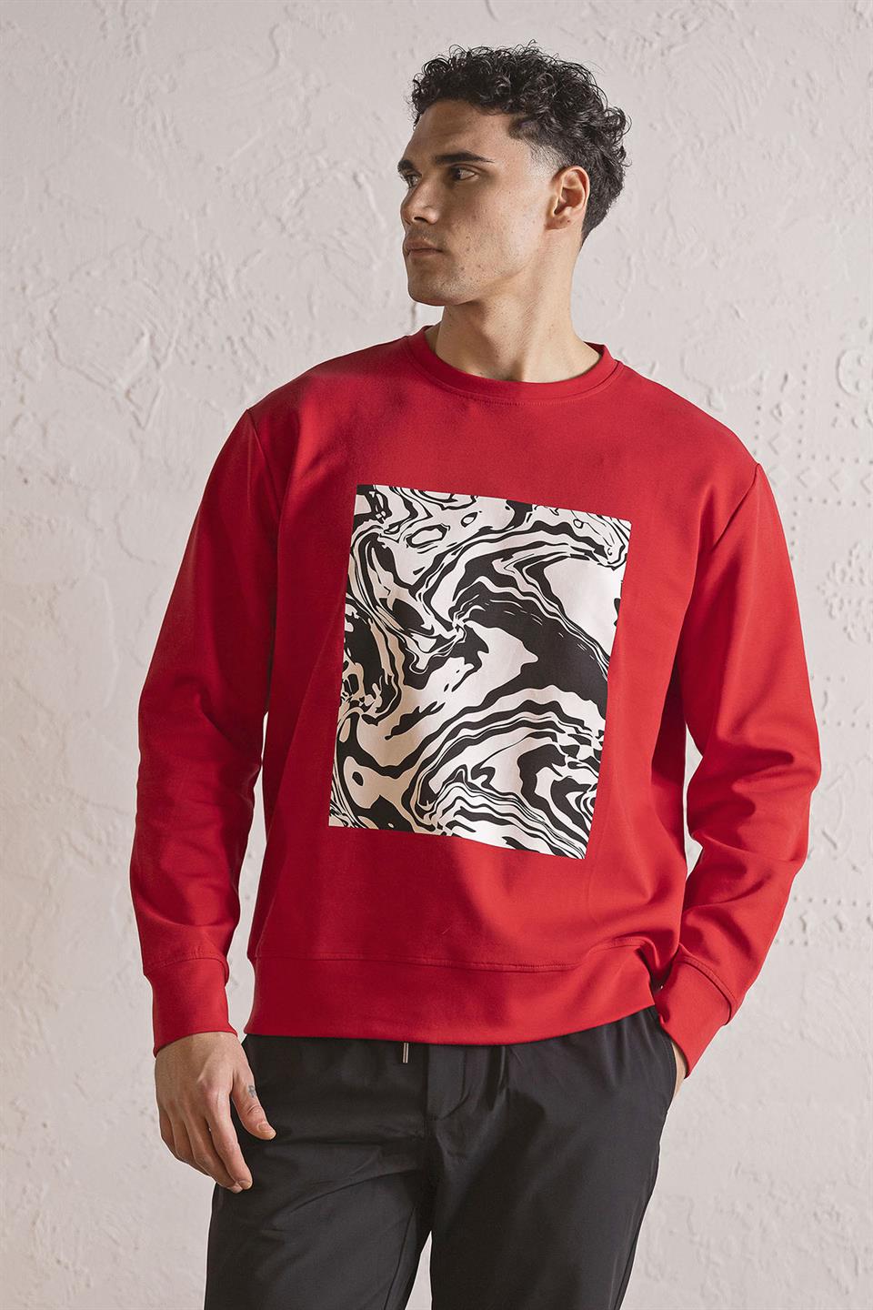 Bisiklet Yaka Siyah-Beyaz Baskılı Erkek Sweatshirt