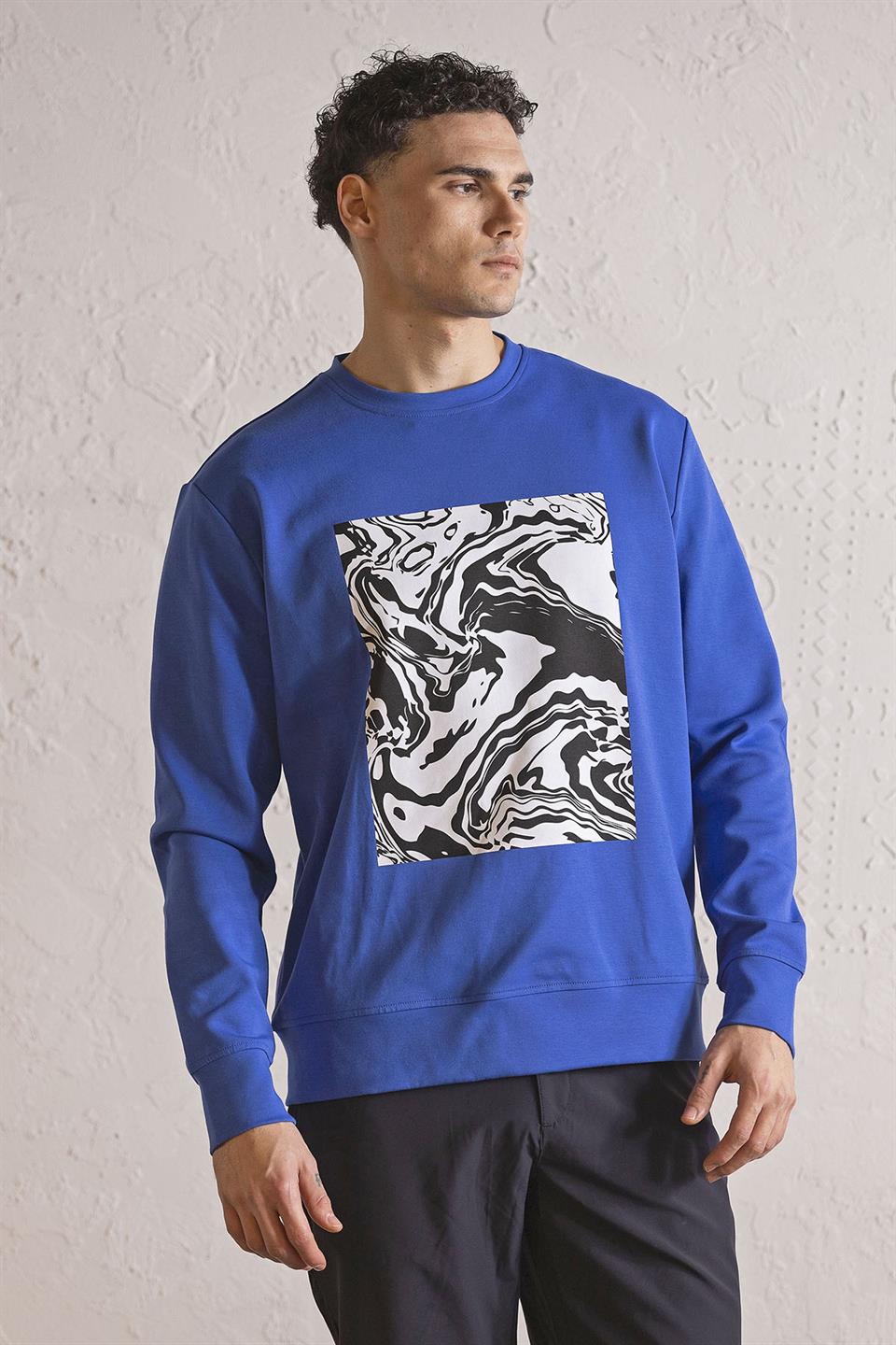 Bisiklet Yaka Siyah-Beyaz Baskılı Erkek Sweatshirt