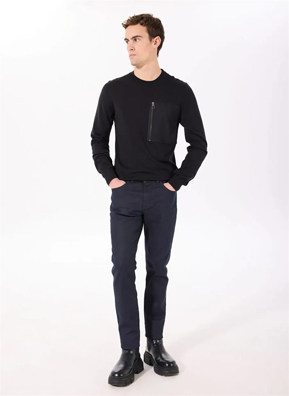 Bisiklet Yaka Slim Fit Fermuar ve Garni Detaylı Erkek Kazak