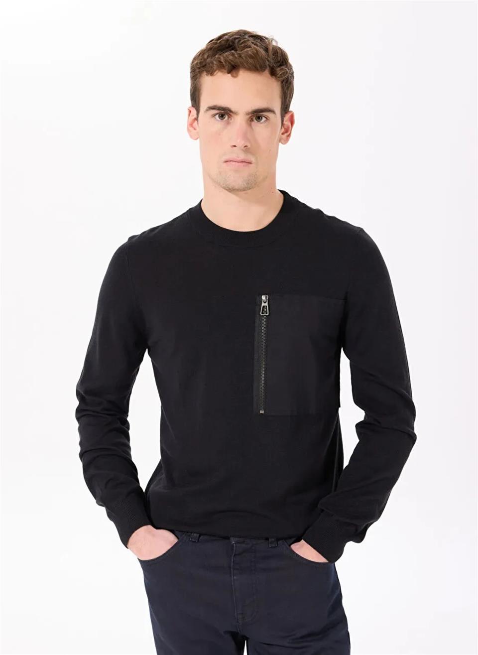 Bisiklet Yaka Slim Fit Fermuar ve Garni Detaylı Erkek Kazak