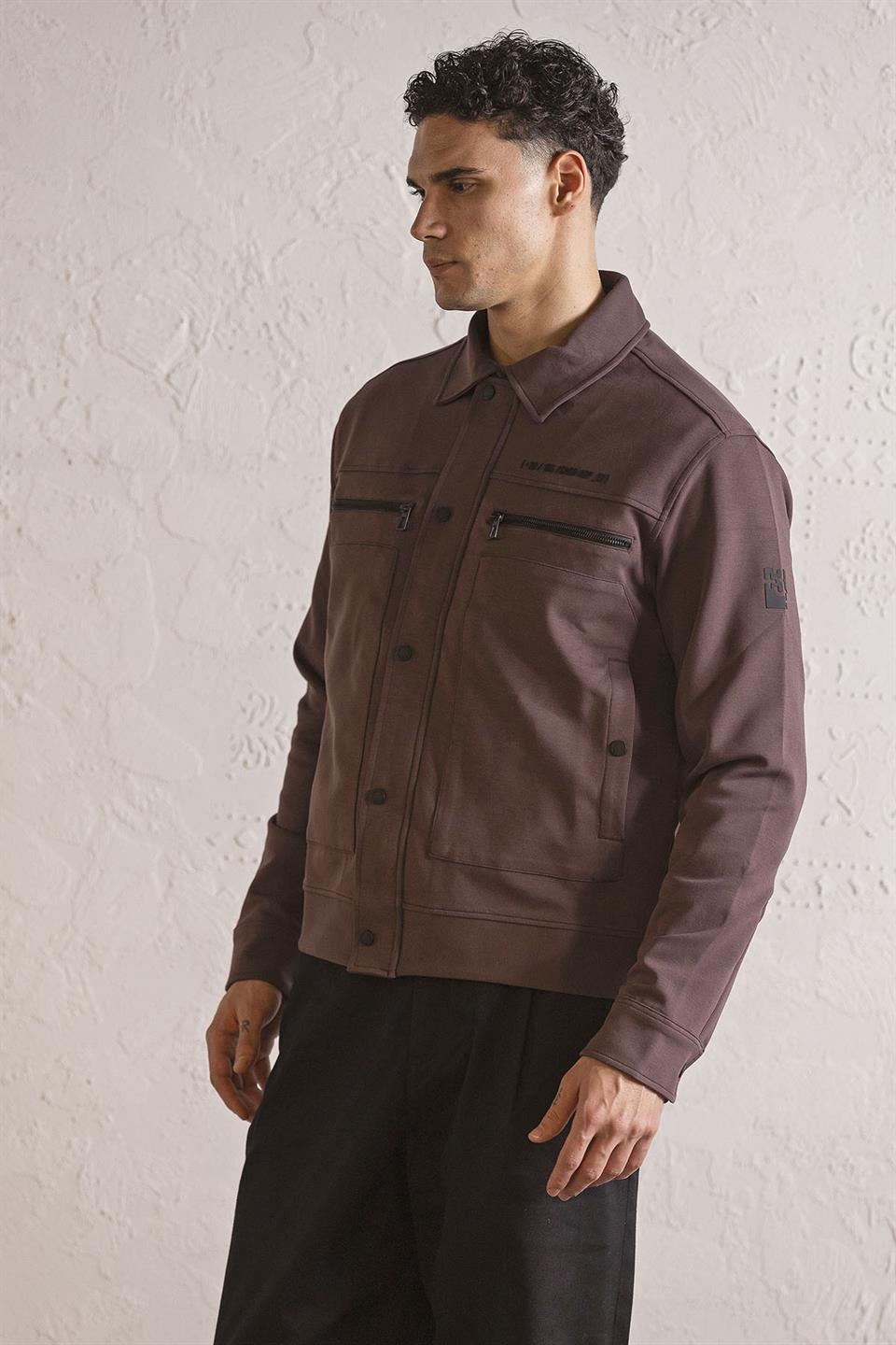 Gömlek Yaka Cep Baskı Tasarımlı Erkek Örme Mont