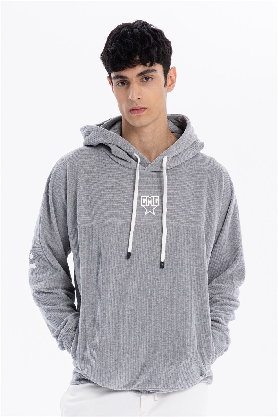 Kapüşonlu Baskı Detaylı Kadife Erkek Sweatshirt