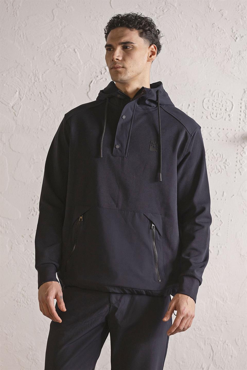 Kapüşonlu Çıtçıt ve Fermuar Detaylı Kanguru Cepli Erkek Sweatshirt