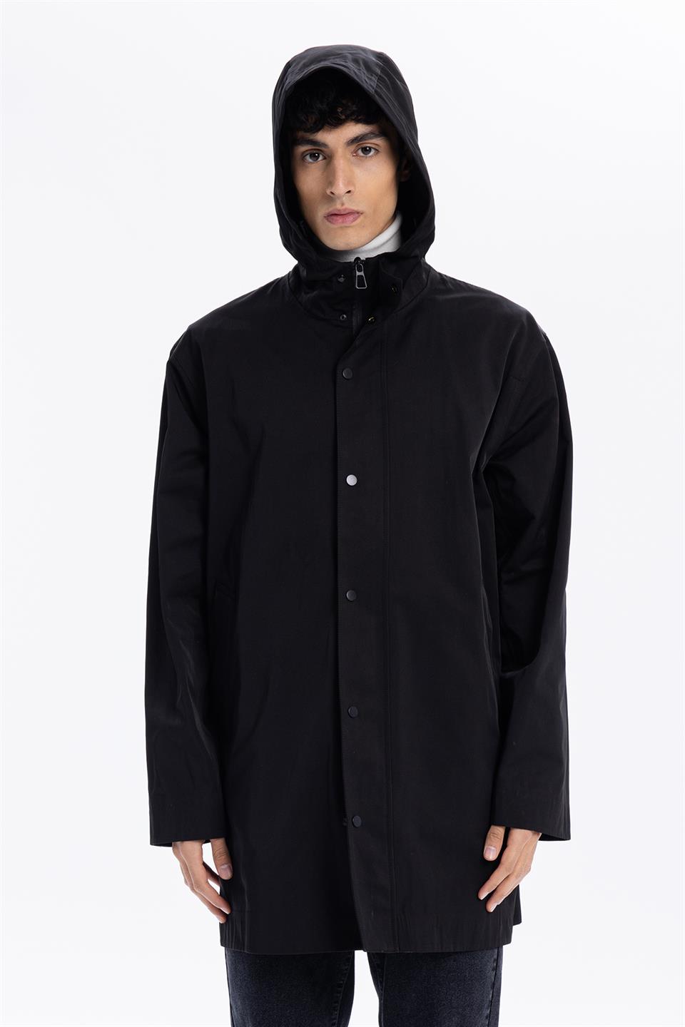 Kapüşonlu Çıtçıt ve Fermuar Kapamalı Erkek Trench