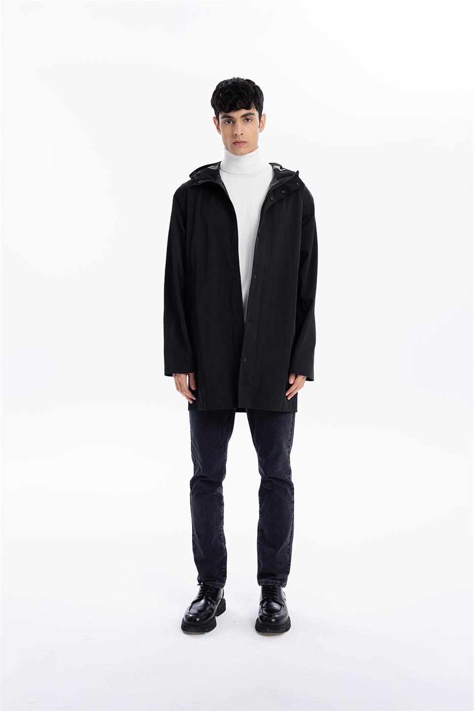Kapüşonlu Çıtçıt ve Fermuar Kapamalı Erkek Trench