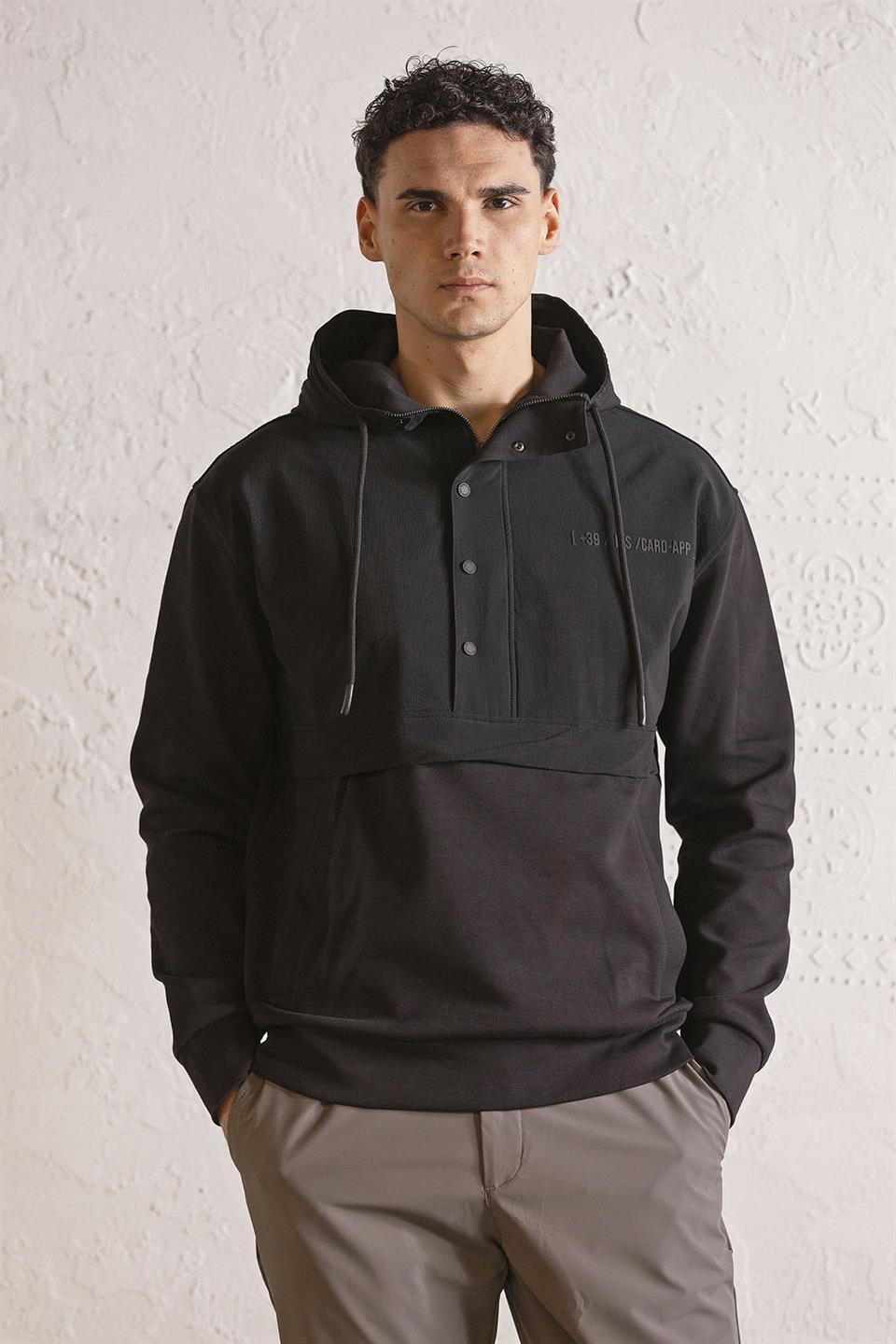 Kapüşonlu Fermuar ve Çıtçıt Detaylı Garnili Erkek Sweatshirt