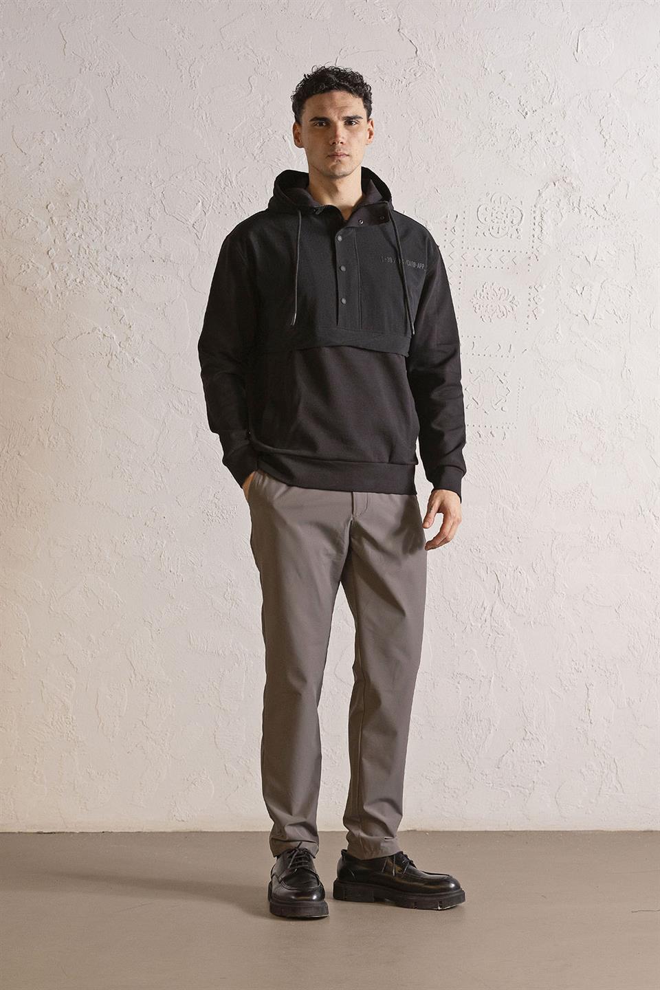 Kapüşonlu Fermuar ve Çıtçıt Detaylı Garnili Erkek Sweatshirt