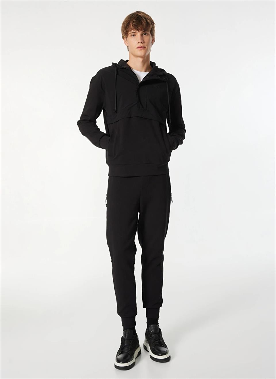 Kapüşonlu Fermuar vet Çıtçıt Kapamalı Garnili Erkek Sweatshirt