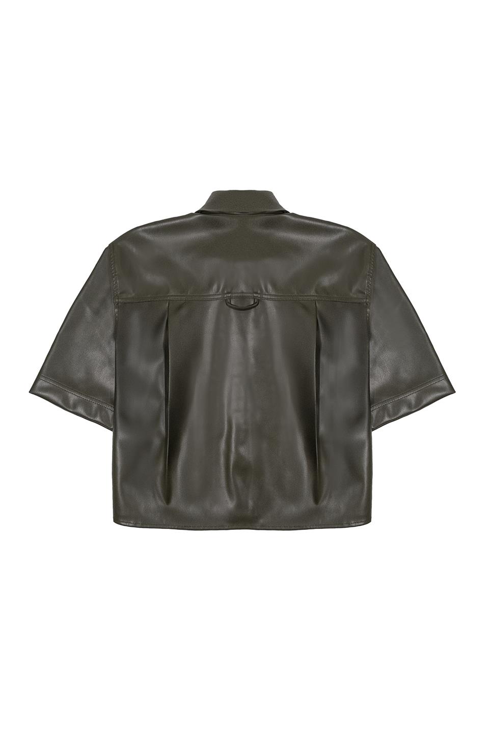 Kısa Kollu Cepli Deri Kadın Gömlek