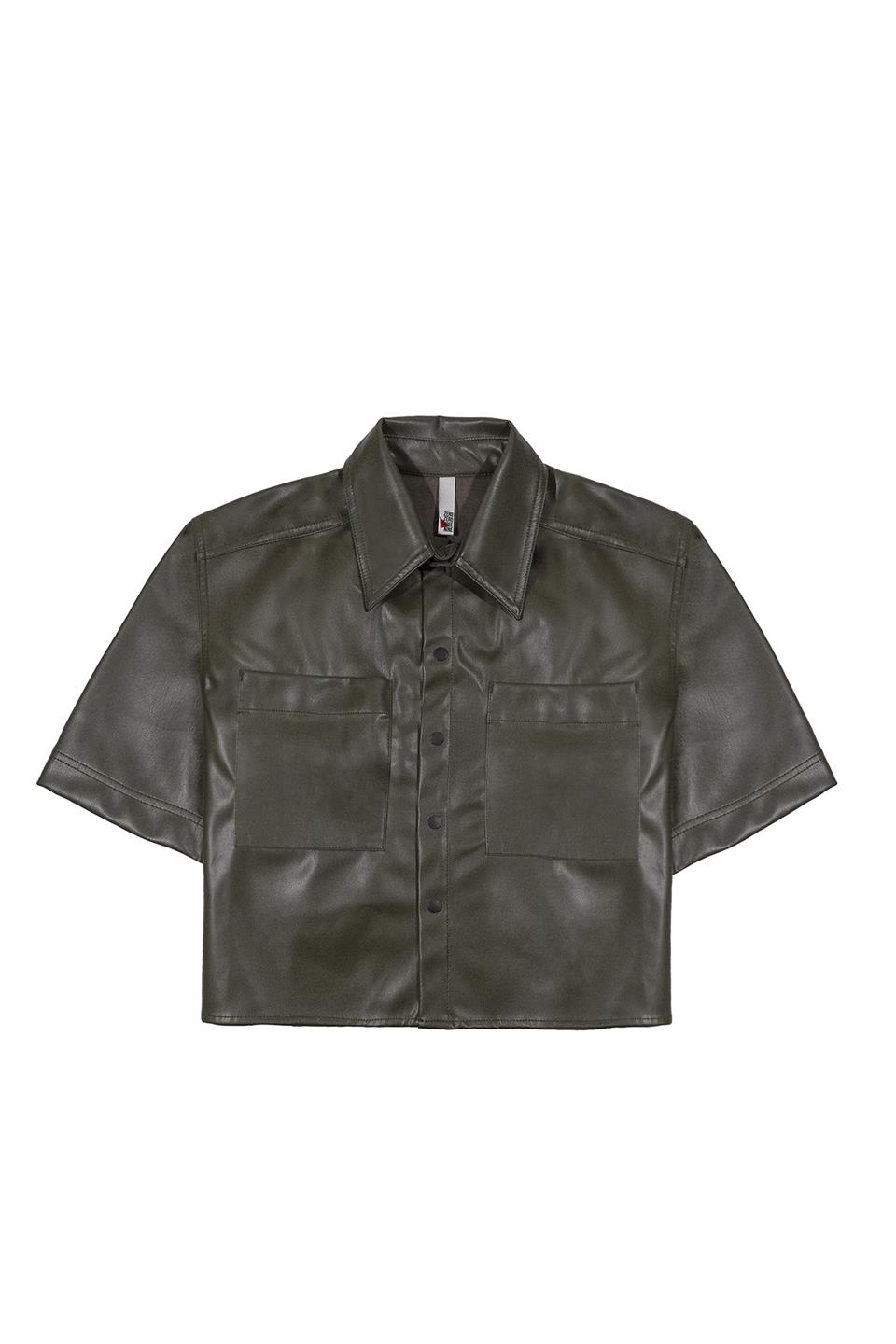 Kısa Kollu Cepli Deri Kadın Gömlek