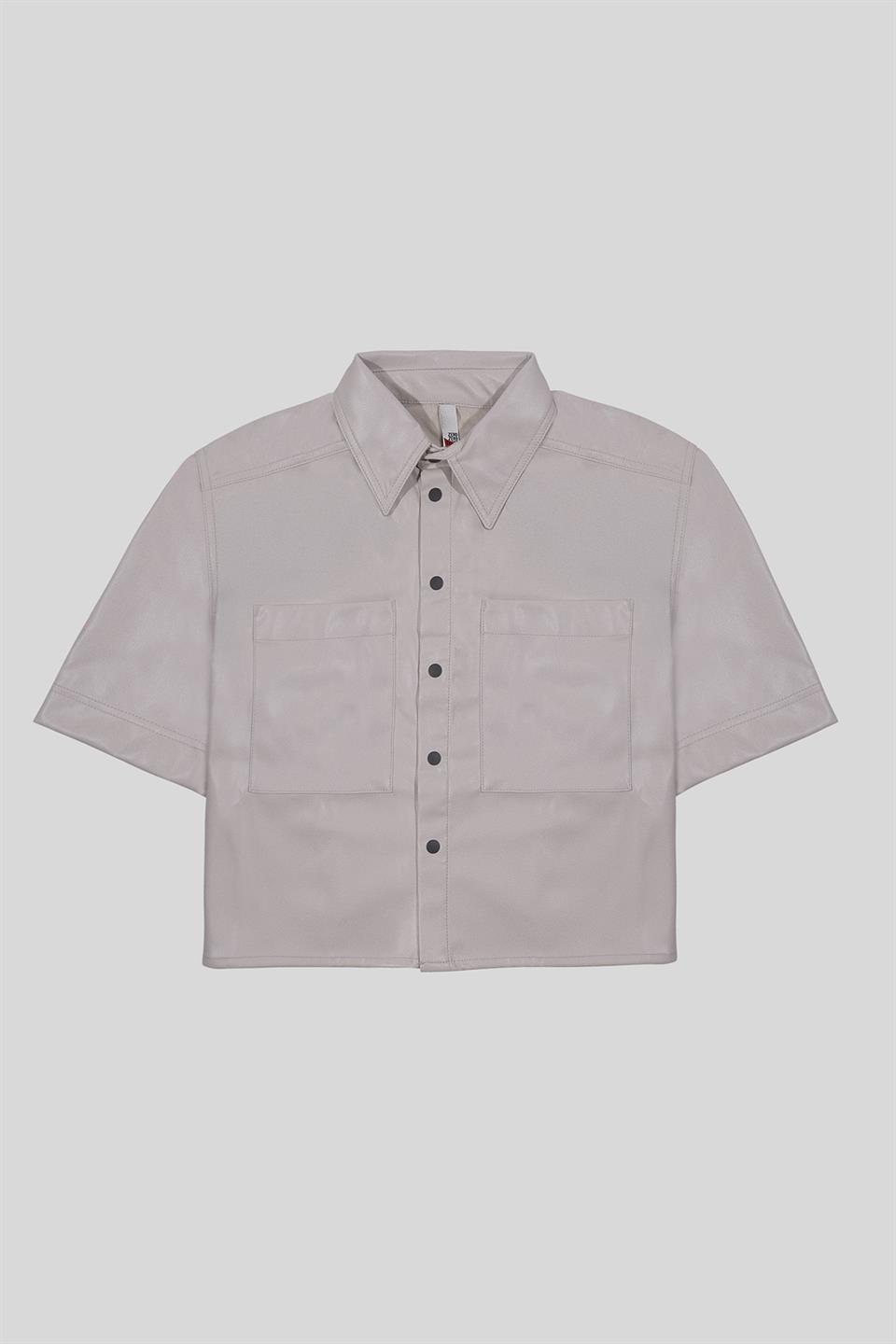 Kısa Kollu Cepli Deri Kadın Gömlek