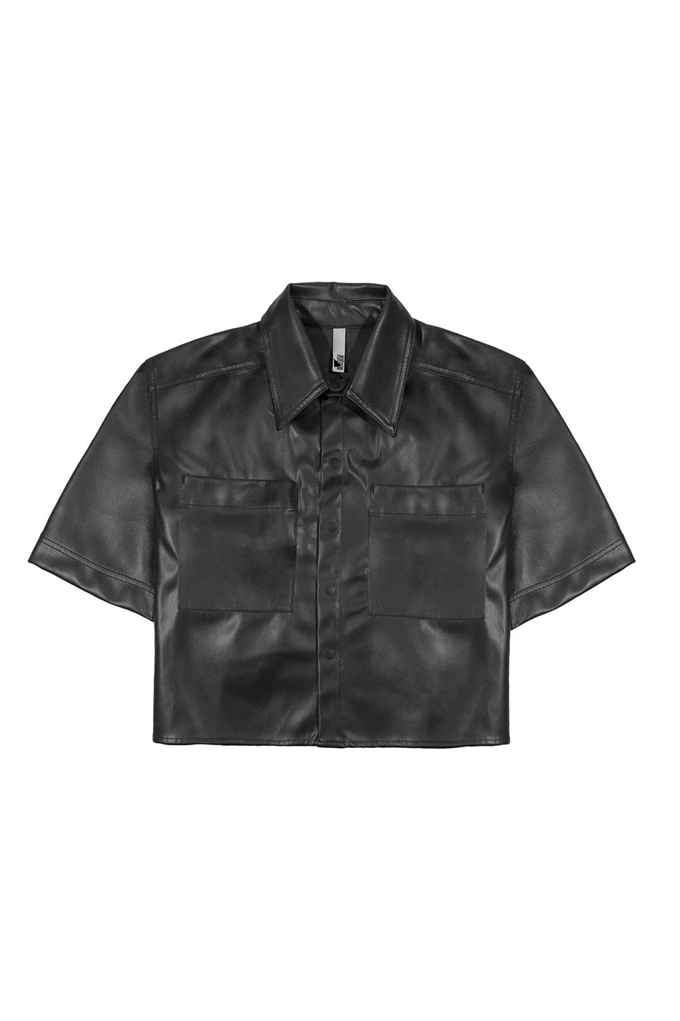 Kısa Kollu Cepli Deri Kadın Gömlek