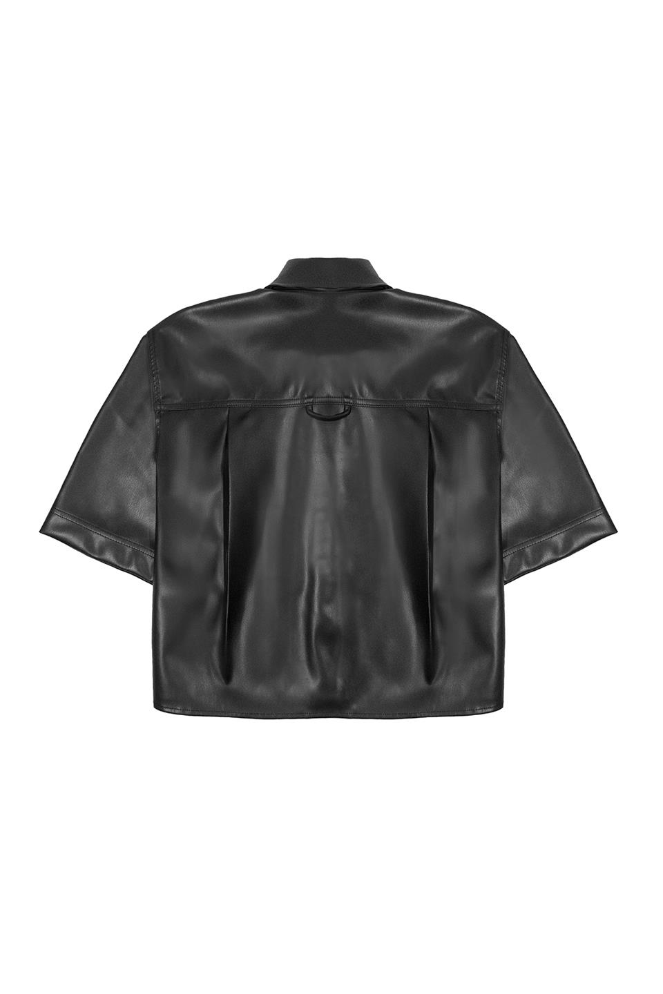 Kısa Kollu Cepli Deri Kadın Gömlek