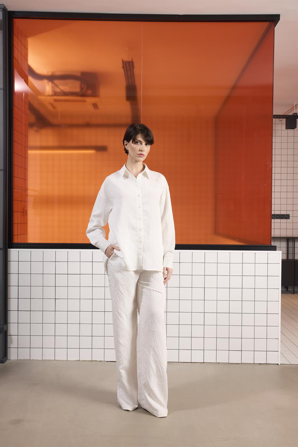 Uzun Kollu Çizgili Kadın Gömlek