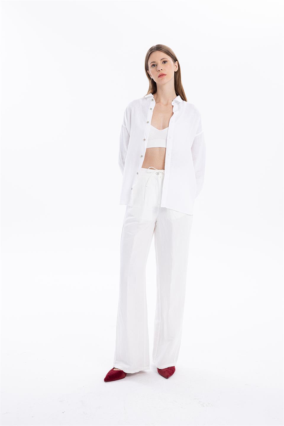 Oversize %100 Keten Uzun Kollu Kadın Gömlek