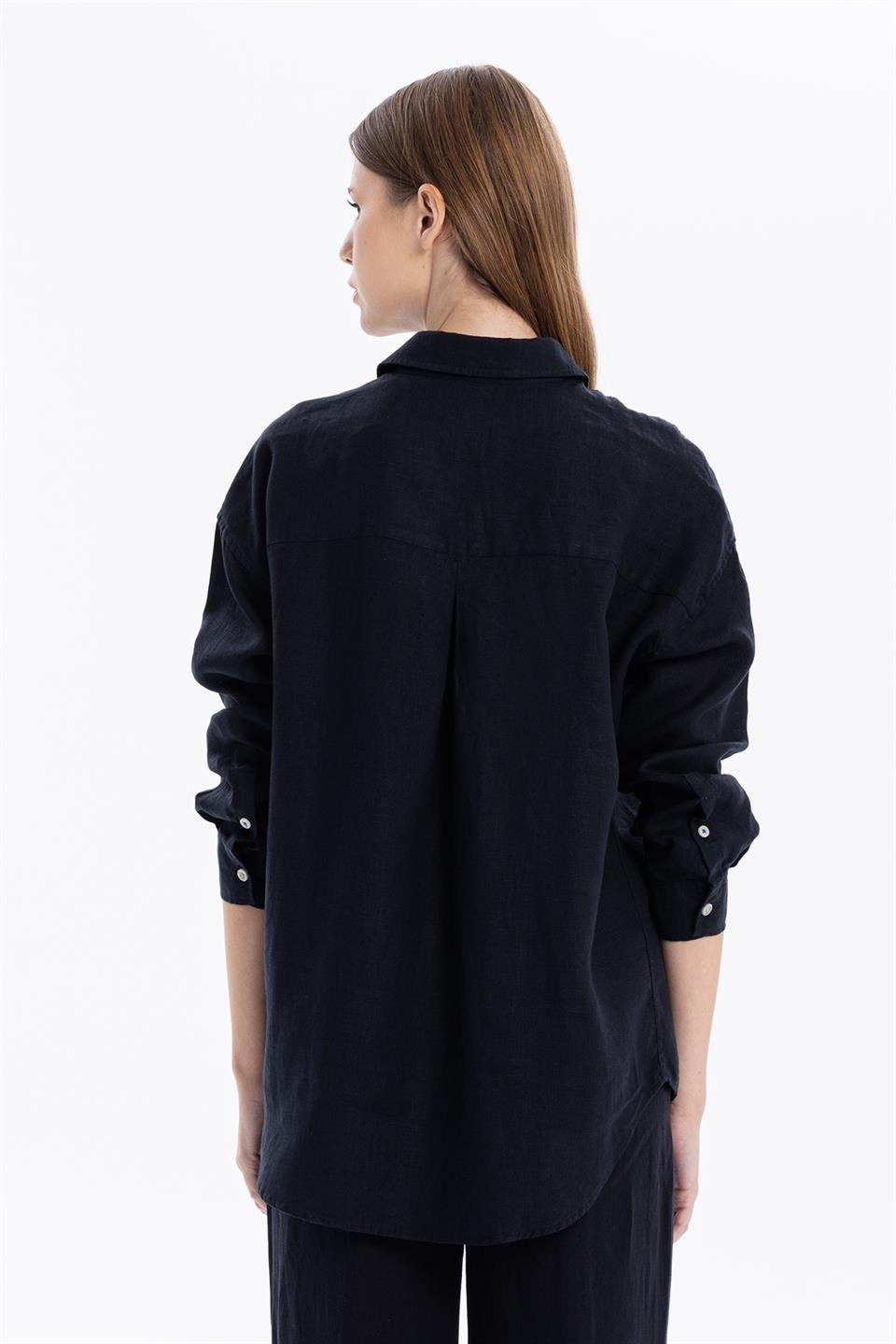 Oversize %100 Keten Uzun Kollu Kadın Gömlek