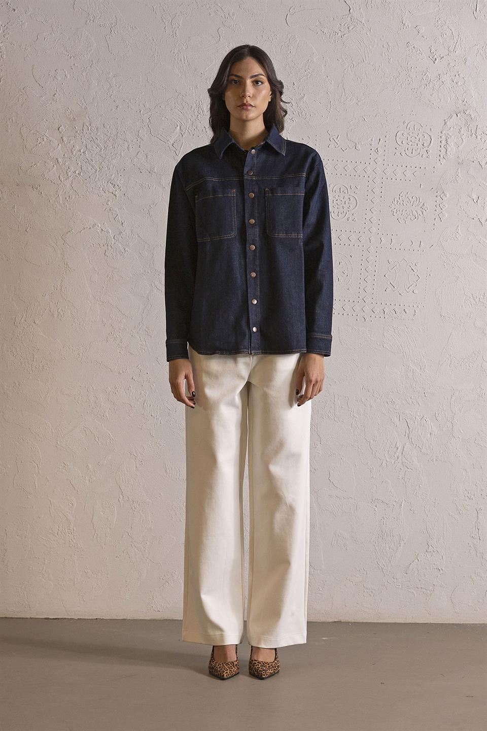 Oversize Çıtçıtlı Denim Kadın Gömlek