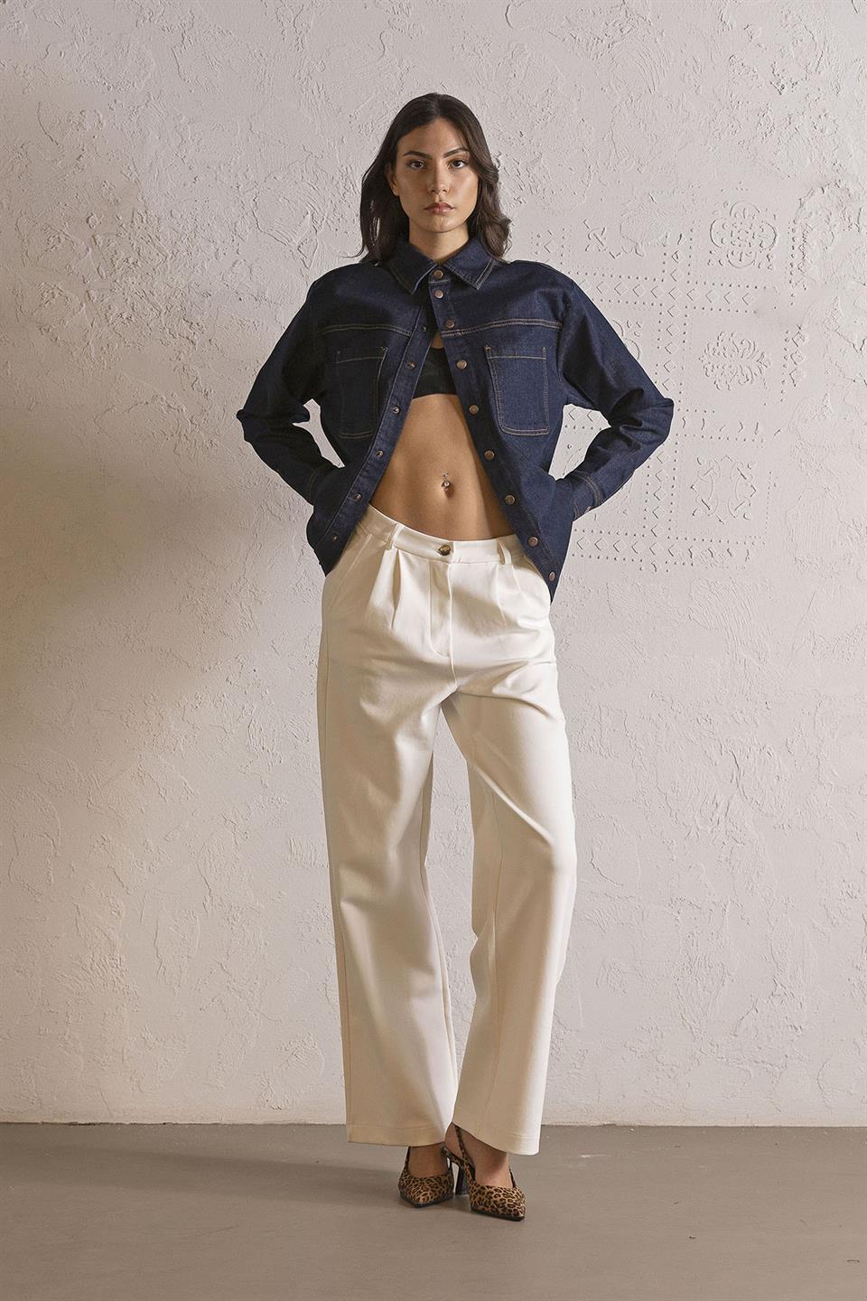 Oversize Çıtçıtlı Denim Kadın Gömlek